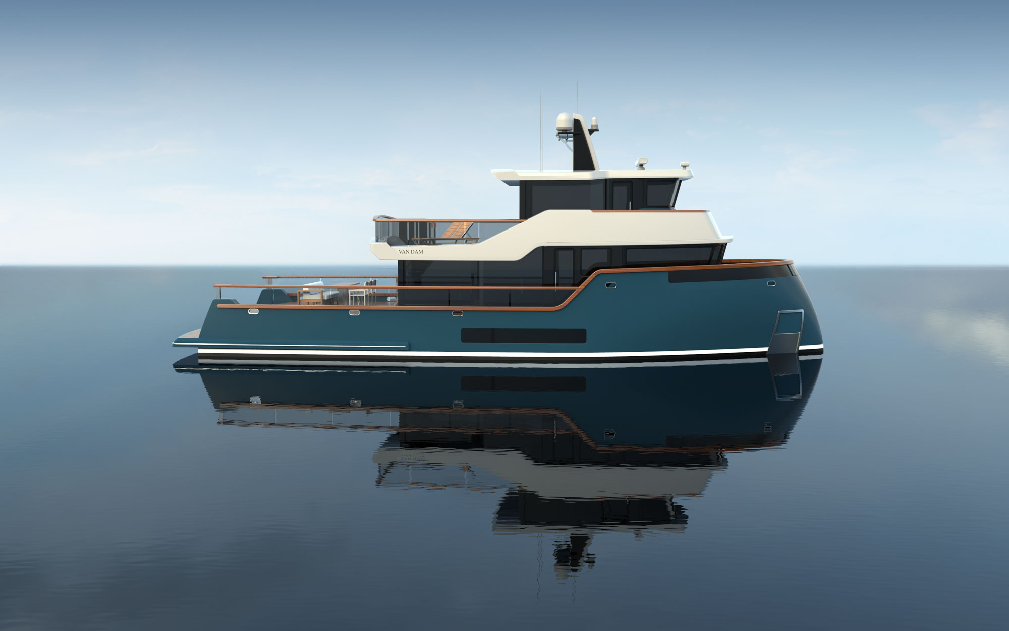 Starboard view of Van Dam 70' Trawler